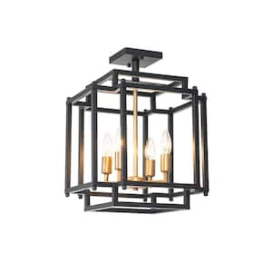 13.8 in. 4-Light Black Farmhouse Semi-Flush Mount with Shade and No Bulbs Included