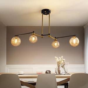 Modern 35 in. Gold and Black Industrial Semi-Flush Mount Chandelier With Glass Shade and No Bulbs Included