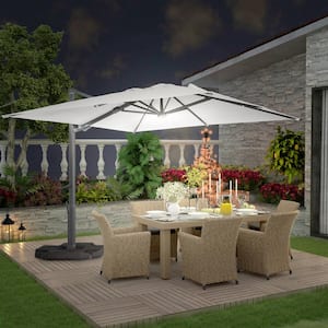 10 ft. Square Aluminum Cantilever Tilt Outdoor Patio Umbrella with LED Light, Cross Base Stand in Gray for Balcony