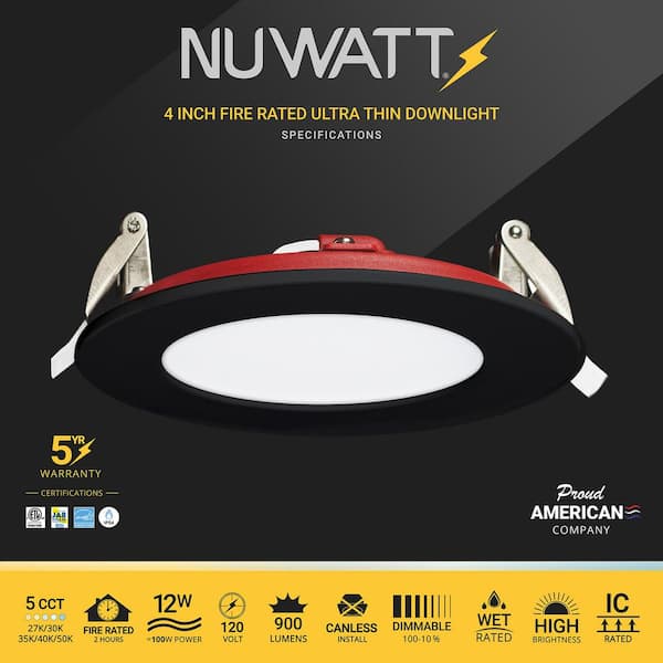 4 in. 5CCT Black FIRE RATED New Construction IC Rated Dimmable Slim Canless Integrated LED Recessed Light Kit 12 Pack
