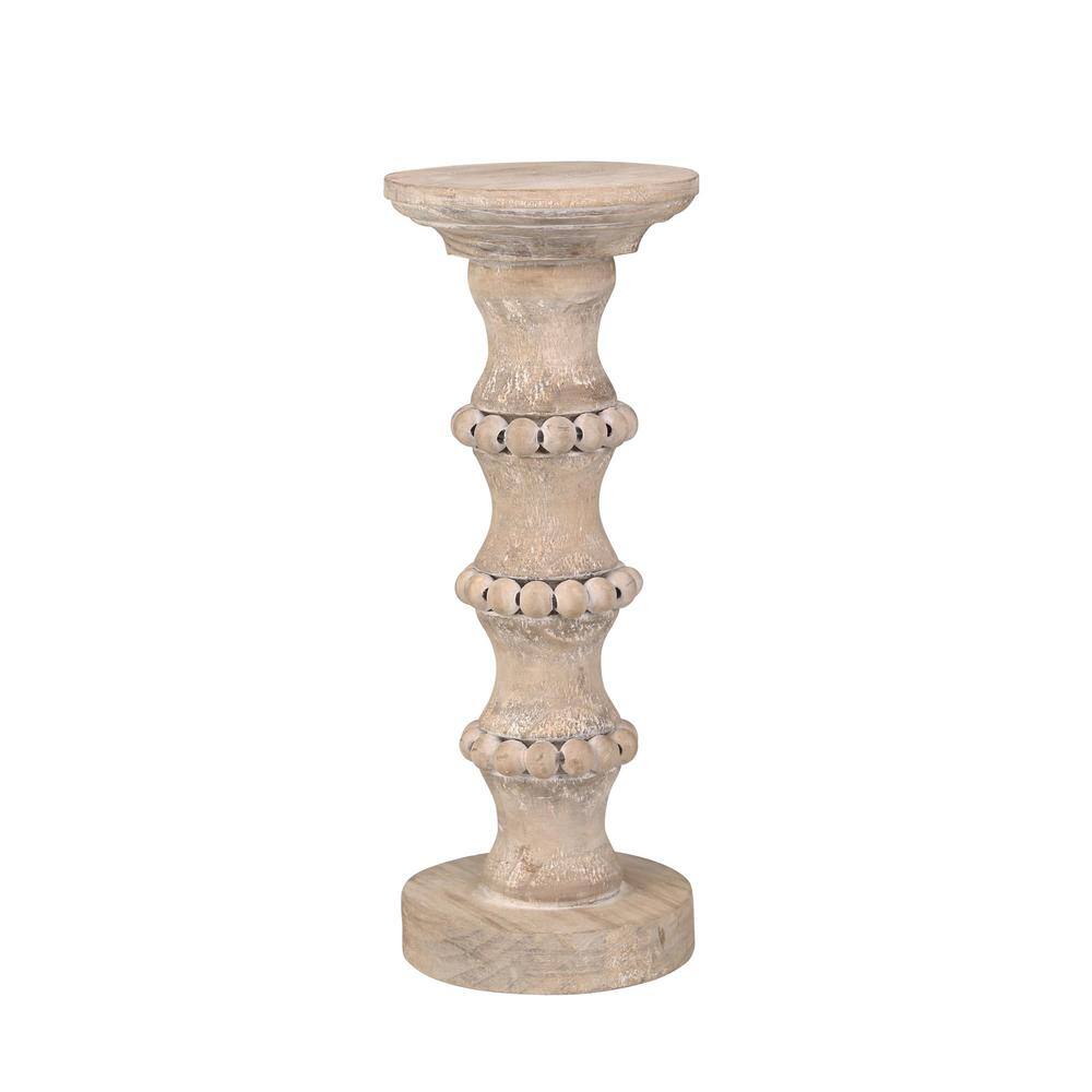 Ivory Distressed Wood Pillar Candle Holder with Beads