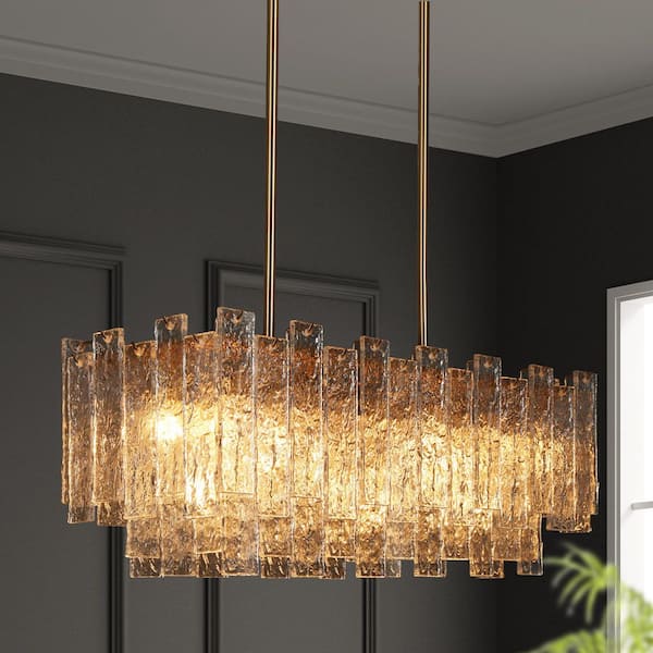 Luxury 7-Light Plated Brass Handmade Glacier Glass Island Chandelier for Kitchen Island with No Bulbs Included