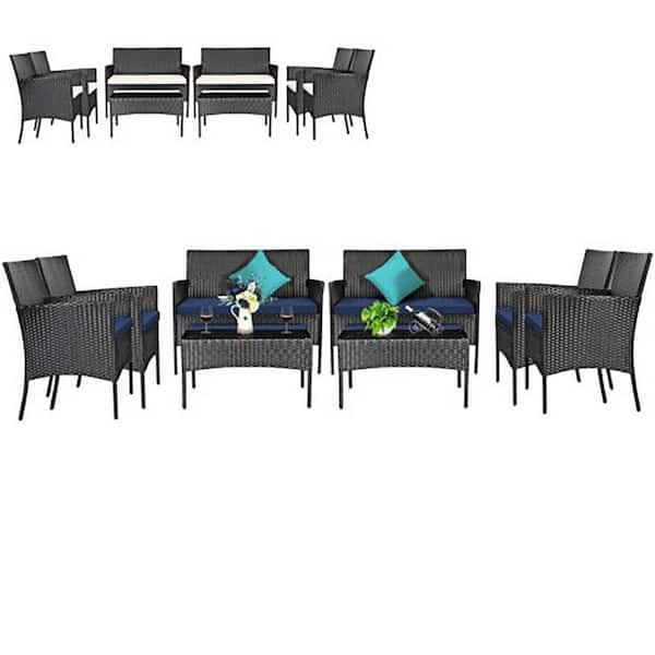 Gymax 8-Pieces Outdoor Furniture Set Patio Rattan Conversation Set with Navy and Off White Cushion