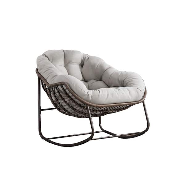 Sudzendf Brown Wicker Outdoor Rocking Chair with Beige Cushions