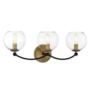 Kearney Park 23 in. 3-Light Black and Soft Brass Vanity Light with Clear Glass Shades
