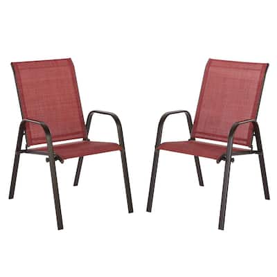 Mix and Match Brown Stackable Sling Outdoor Dining Chair in Chili (2-Pack)