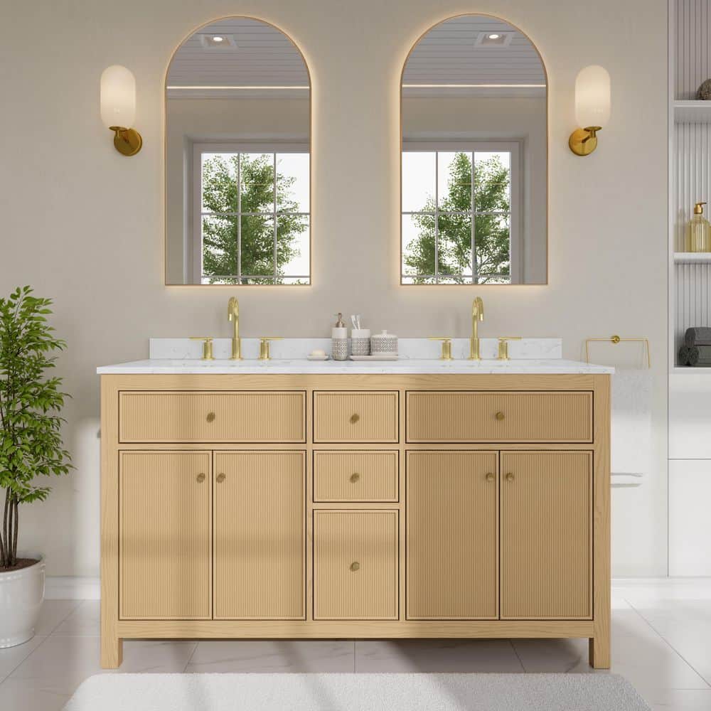 Pendry 60 in. Double Freestanding Tanned Oak Bath Vanity with Carrara Cultured Marble Top Assembled price history on PriceWatchPro