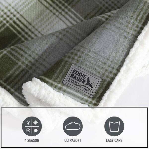 Eddie Bauer Nordic Plaid Olive Green/Grey Fleece 50x70 Sherpa 