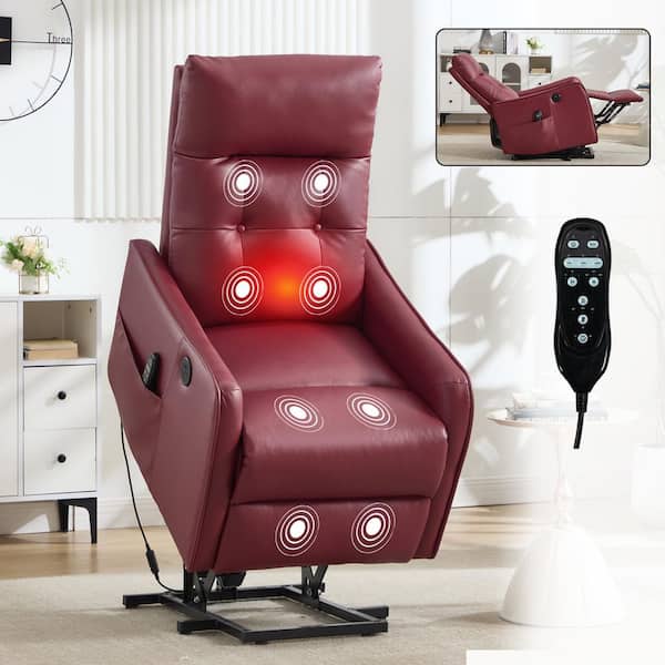 Red Ergonomic Faux Leather Power Lift Recliner with Heavy Duty, Heat, Massage and USB