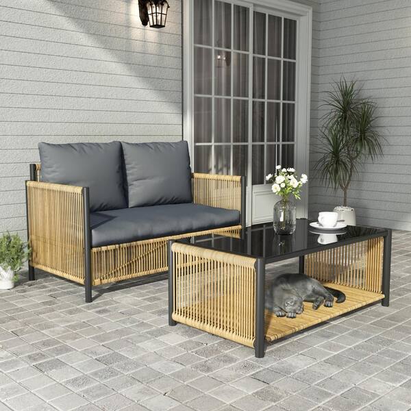 2-Piece PE Wicker Patio Conversation Sofa Set with Gray Cushions and Coffee Table