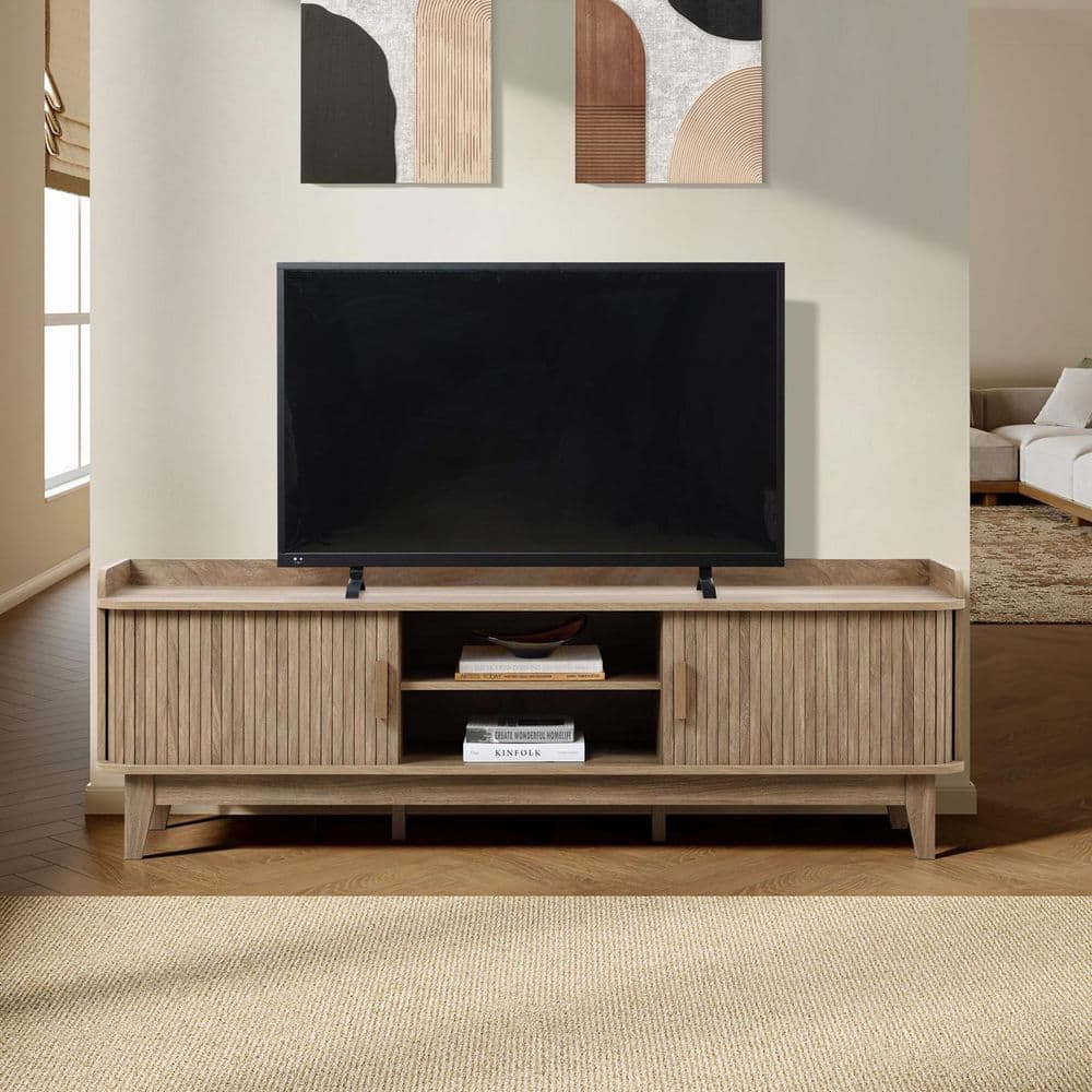 Mid-Century Modern Oak Tambour-Style 2-Door TV Stand Fits TV's up to 62 in. with Tray Top price history on PriceWatchPro