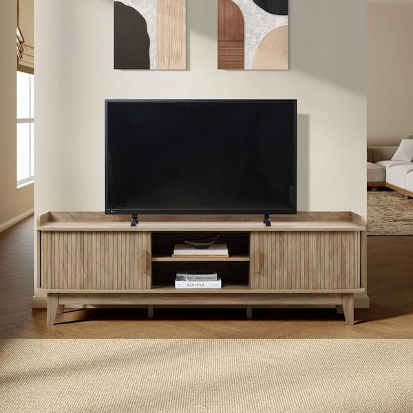 Mid-Century Modern Oak Tambour-Style 2-Door TV Stand Fits TV's up to 62 in. with Tray Top
