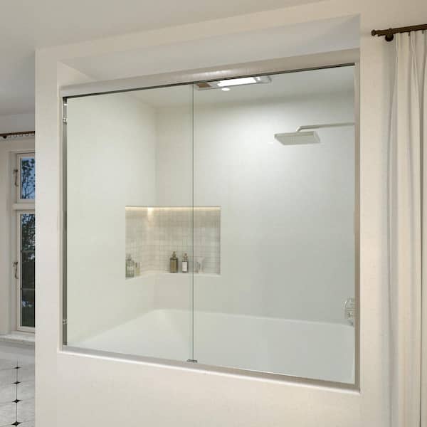 Nebula 60 in. W x 56 in. H Sliding Bath Tub Door in Semi Frameless in Brushed Nickel with Clear Glass