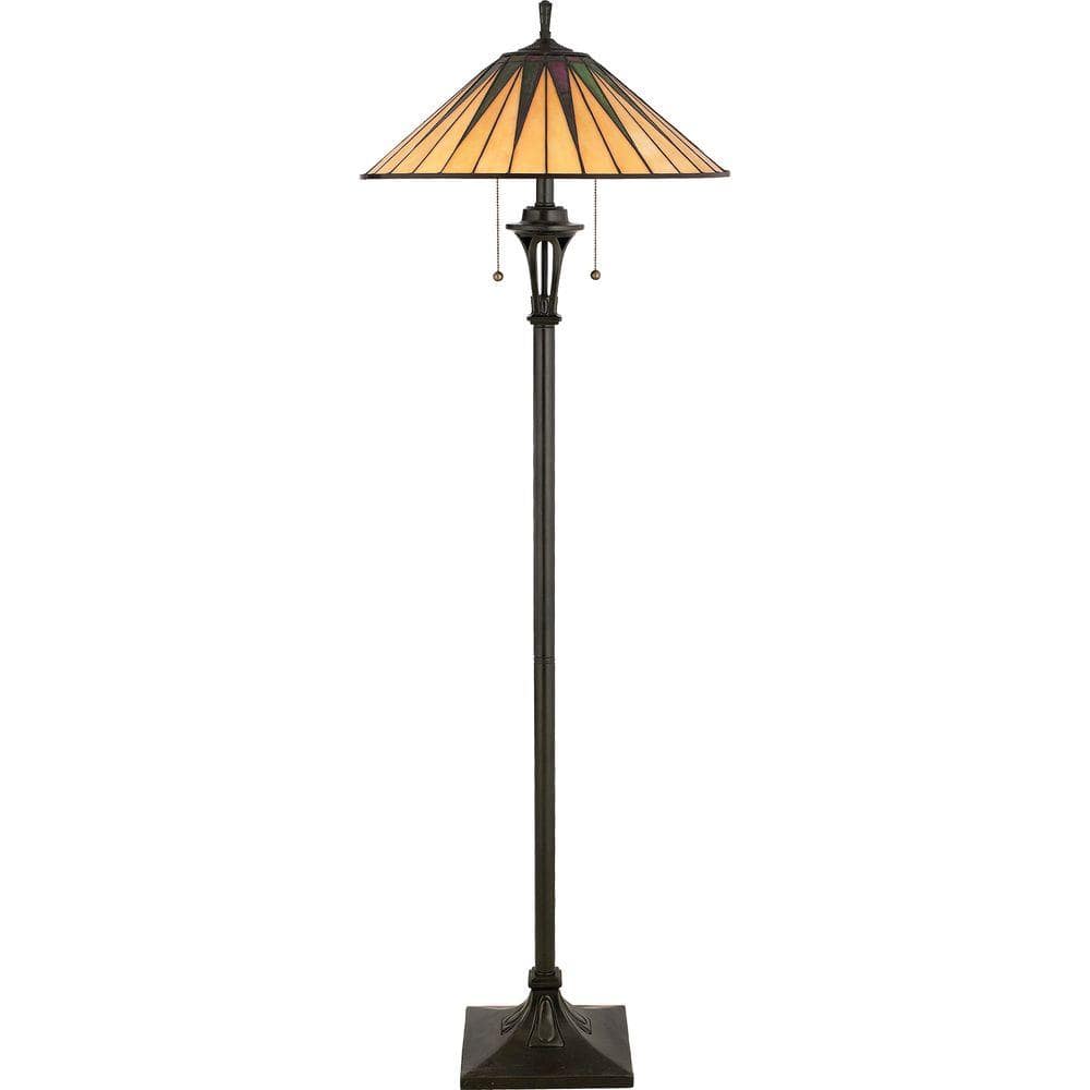 Vintage Bronze Tiffany Glass Floor Lamp with Triangle Pattern Shade