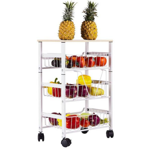 White 3-Basket Slim Rolling Wire Cart