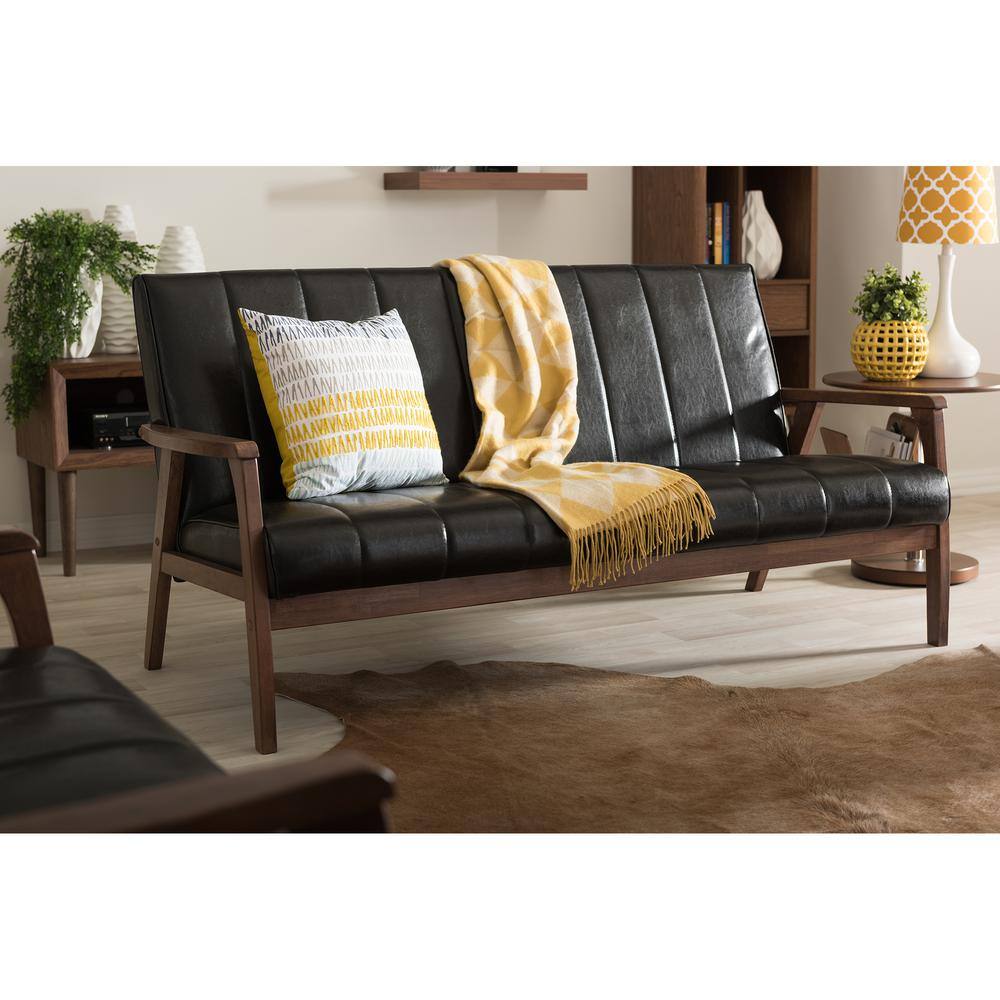 Black Faux Leather 64" Reception Sofa with Wood Frame