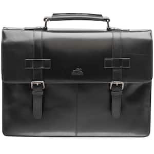 Buffalo Collection Black Leather Double Compartment Briefcase for 15.6 in. Laptop and Tablet