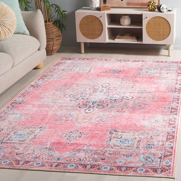 Arizona Pink/Beige 8 ft. x 10 ft. Machine Washable Distressed Medallion Border Area Rug