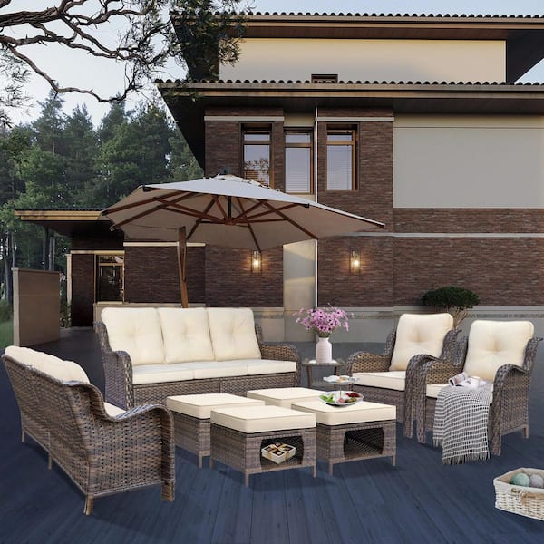 Xingzjojor Brown 9-Piece Wicker Outdoor Patio Conversation Seating Sofa Set with Beige Cushions