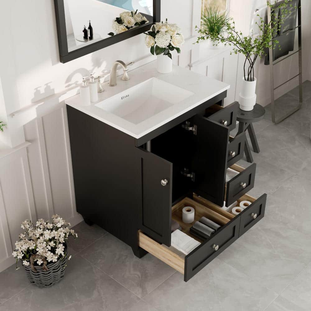 Espresso 28" Bathroom Vanity with White Quartz Top and Undermount Sink