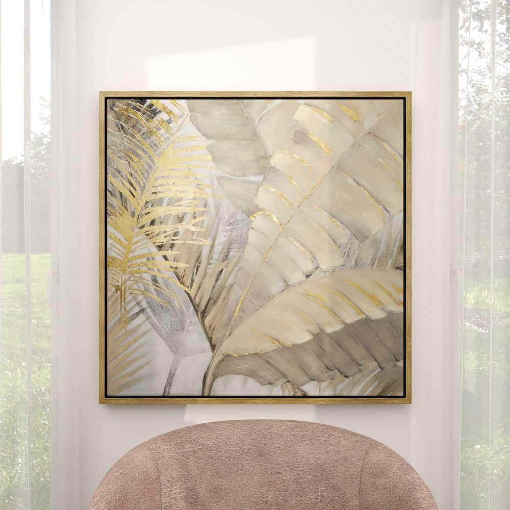 Gold and Gray Palm Leaf Framed Canvas Wall Art, 40" x 40"