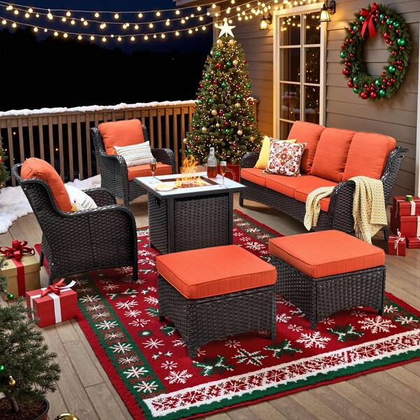 Clario 6-Piece Wicker Outdoor Furniture Patio Conversation Seating Set with Fire Pit, Orange Red Cushions and Ottoman