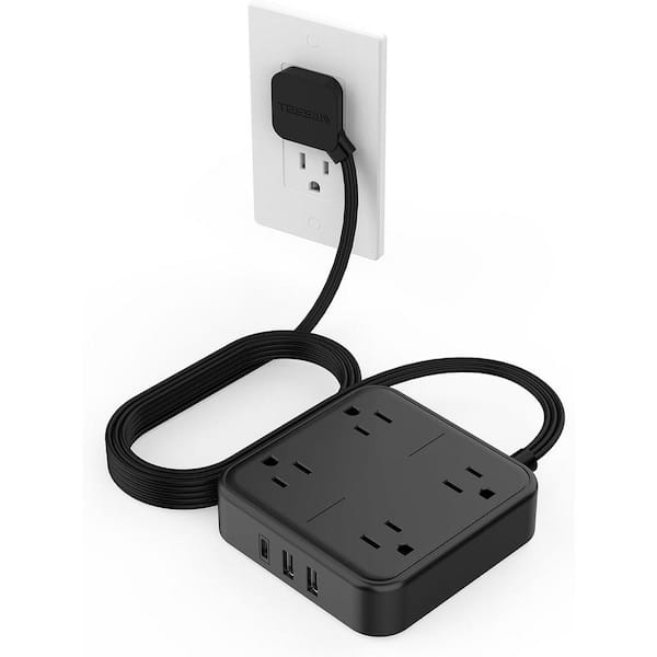 Black Flat Extension Cord 10 FT Power Strip 10 Feet with 4 Widely Outlets 3 USB Wall Charger Ultra Thin Long Power Cord
