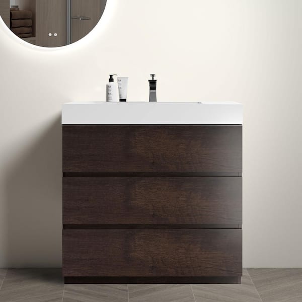 36 in. Single Sink Freestanding Rose Wood Bath Vanity with White Solid Surface Top Unassembled without Drain and Faucet
