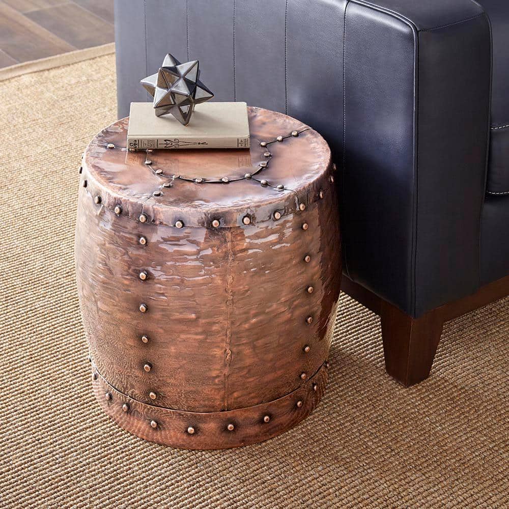Antique Copper 16" Round Metal Drum End Table