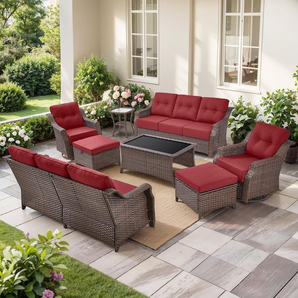 Modern Farmhouse 8-Piece Brown Wicker Patio Conversation Set with 6 In. Red Cushions/3-Seat Sofa with Swivel Chairs
