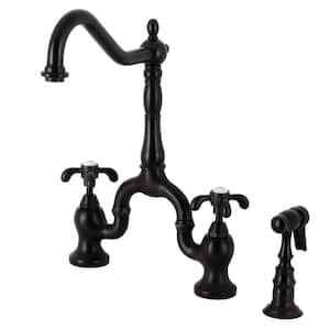 French Country Double-Handle Deck Mount Gooseneck Bridge Kitchen Faucet with Brass Sprayer in Matte Black