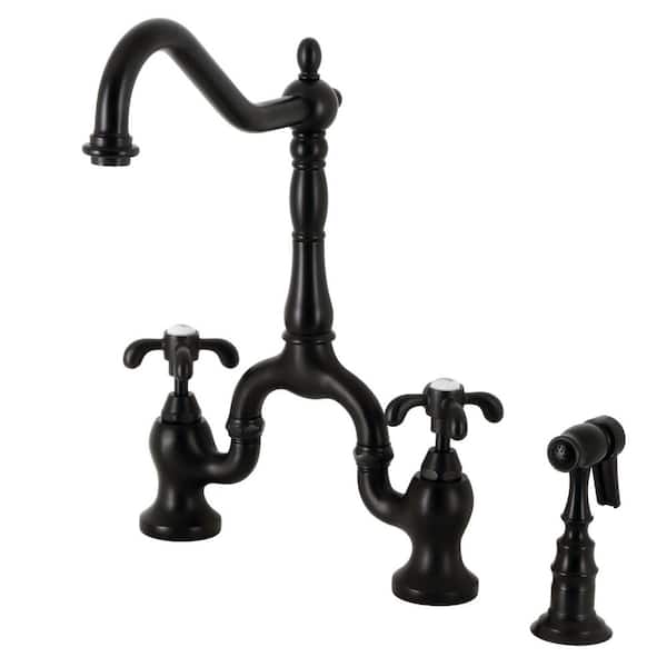 Kingston Brass French Country Double-Handle Deck Mount Gooseneck Bridge Kitchen Faucet with Brass Sprayer in Matte Black