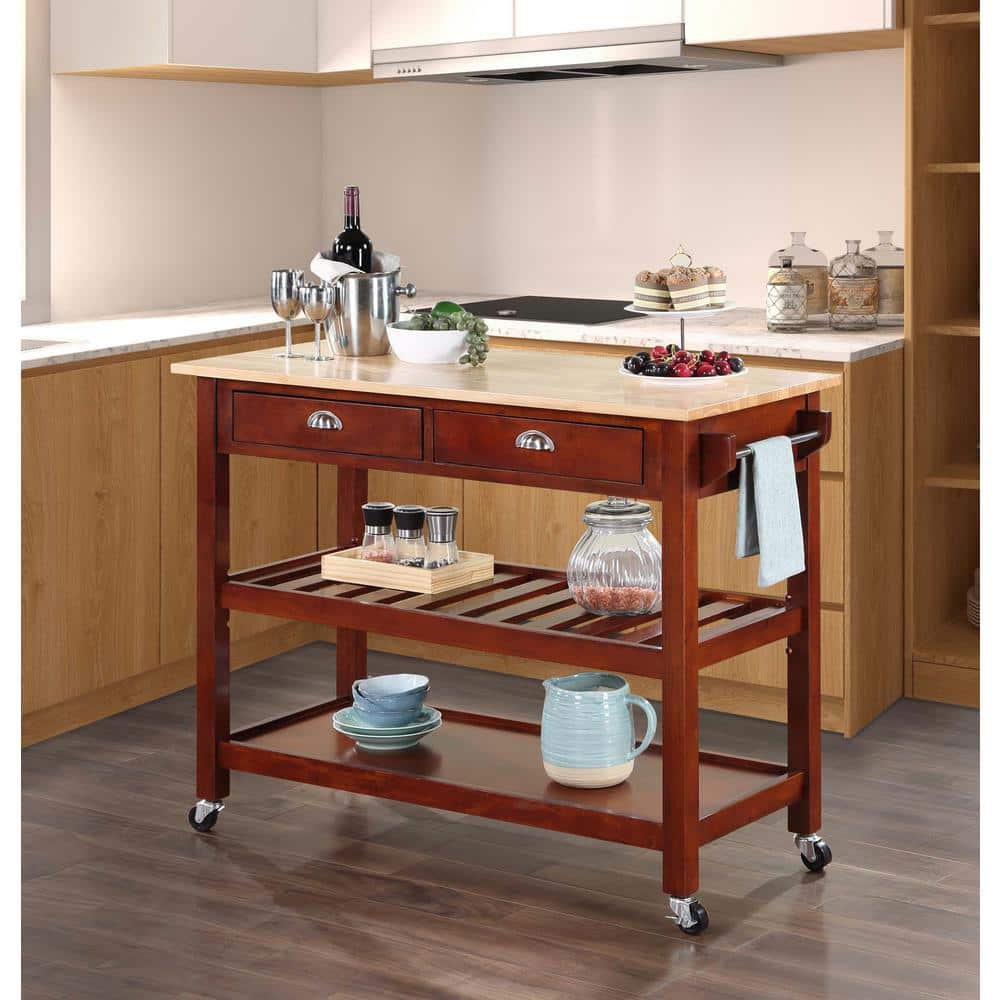 Mahogany Butcher Block Kitchen Cart with Wine Rack and Storage