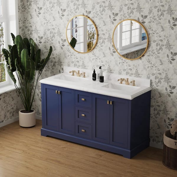 60 in. W x 22.25 in. D x 33.88 in. H Bath Vanity in Navy with White Marble Top and Undermount Ceramic Sink