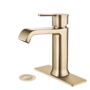 Single Handle Single Hole Bathroom Faucet with Brass Deckplate and Drain Assembly in Brushed Gold