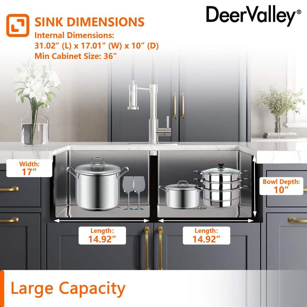 DeerValley 33'' Stainless Steel Double Bowl Undermount Kitchen Sink