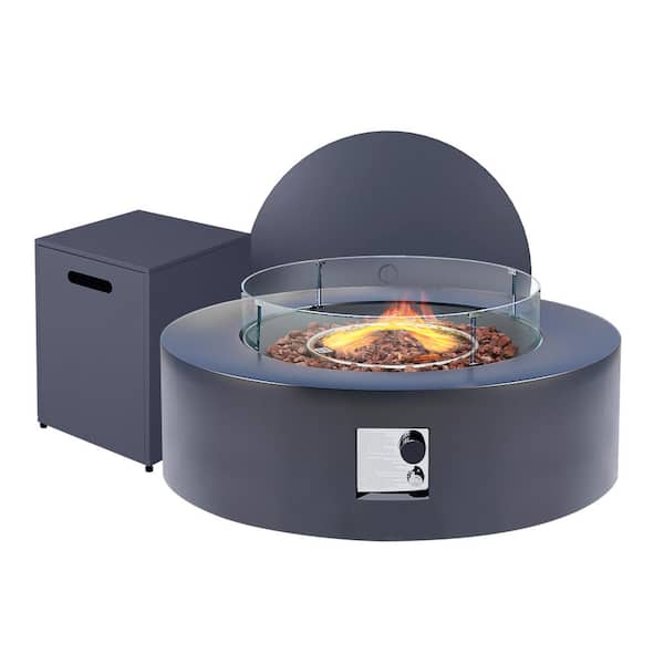 42 in. Round Iron Outdoor Dark Gray Fire Pit Table with Propane Tank Holder and Glass Wind Guard