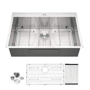 33 in. x 22 in. Drop-in Single Bowl 18 Gauge Brushed Nickel Stainless Steel Kitchen Sink with Bottom Grid and Drain