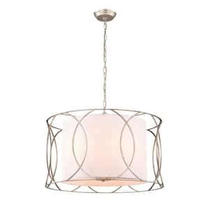 Phiox 5-Light Drum Chandelier Antique Silver Finish with Fabric Shade for Living/Dining Room, Bedroom with no bulbs