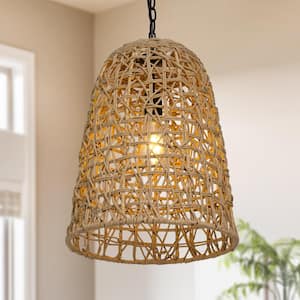 Bohemian 60 W 1-Light Brown and Black Island Pendant Light with Handwoven Natural Rattan Shade, Rustic Ceiling Light