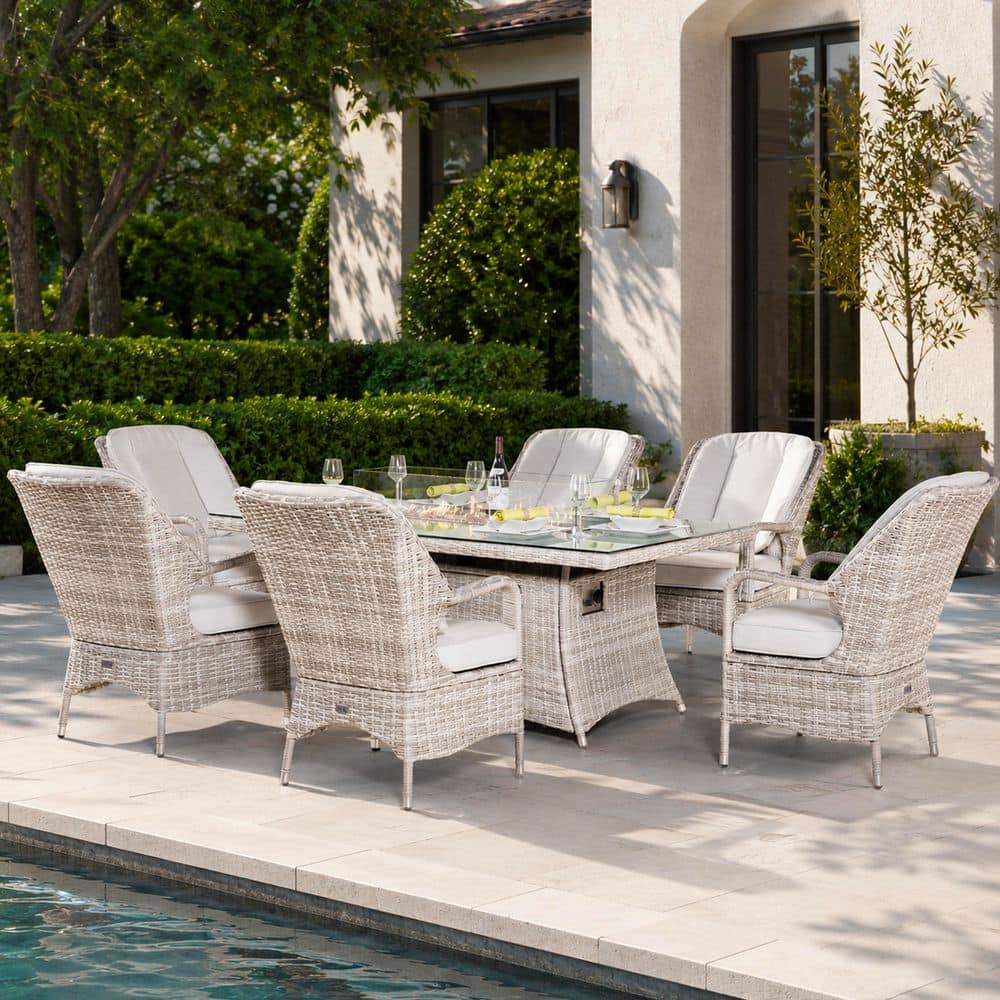 7-Piece Metal Outdoor Dining Set with Beige Cushions and Fire Pit price history on PriceWatchPro