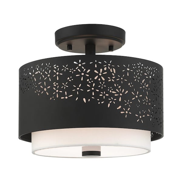 AVIANCE LIGHTING Kenton 12 in. 2-Light Black Semi Flush Mount with Off-White Fabric Shade