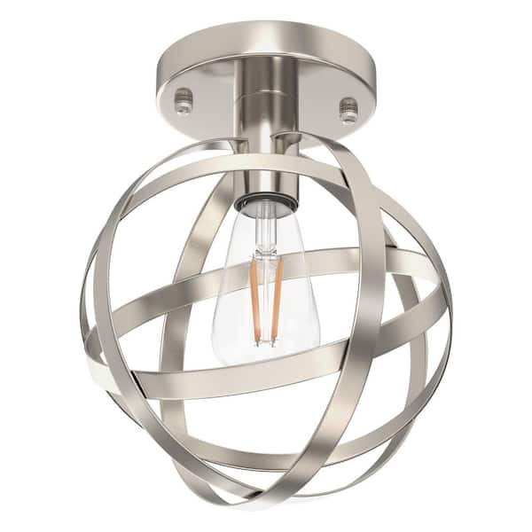 7.9 In. Brushed Nickel Globe Semi-Flush Mount Ceiling Light Fixture, Modern Metal Frame, E26 Base, Bulb Not Included