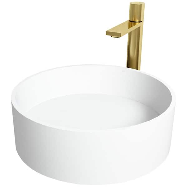 VIGO Matte Stone Montauk Composite Round Vessel Bathroom Sink in White with Gotham Faucet and Drain in Matte Gold