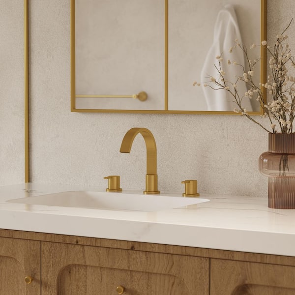 3-Hole Waterfall 8 in. Widespread Double Handle High-Arc Spot Resist Bathroom Sink Faucet with Drain in Brushed Gold