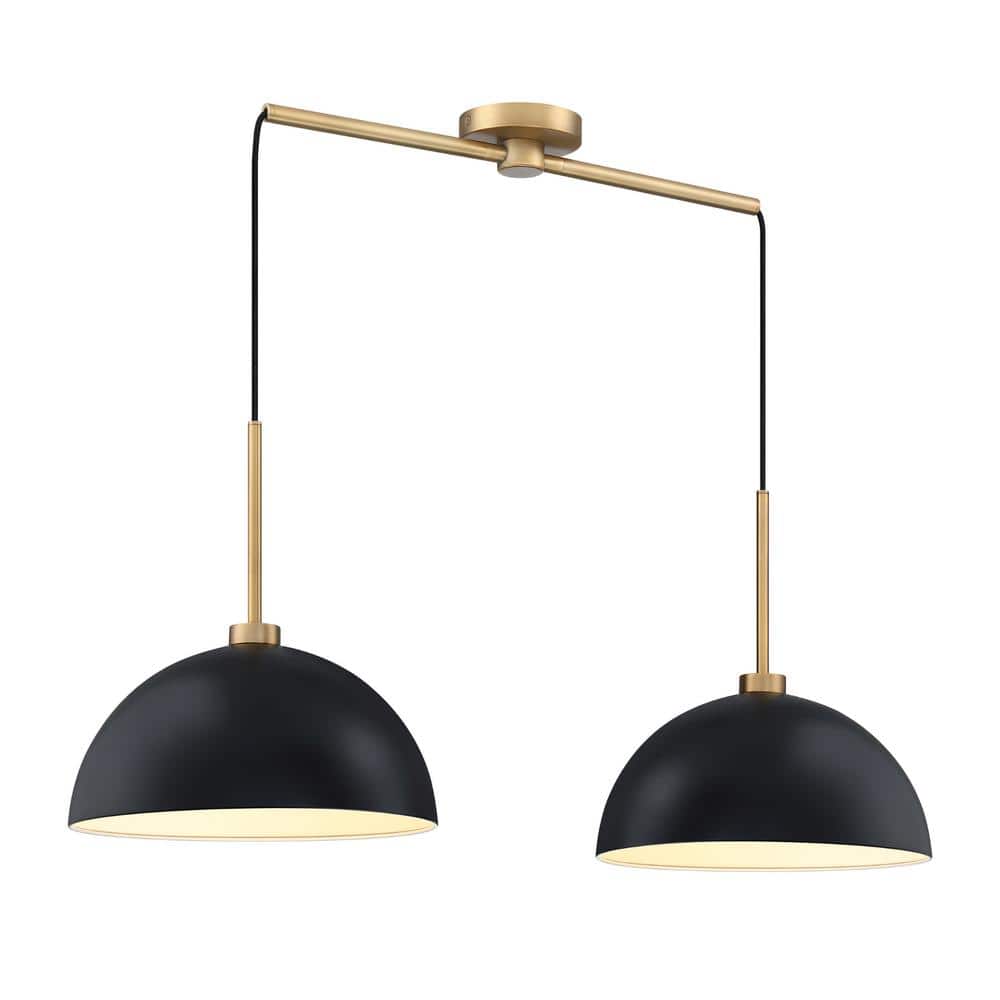 Matte Black and Brass Dual Drum Pendant Light Set