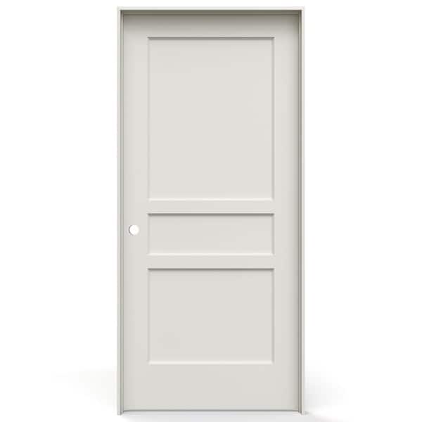 36 in. x 80 in. 3 Panel Flat Right-Handed Solid Core Primed Composite Single Prehung Interior Door w/ Satin Nickel Hinge
