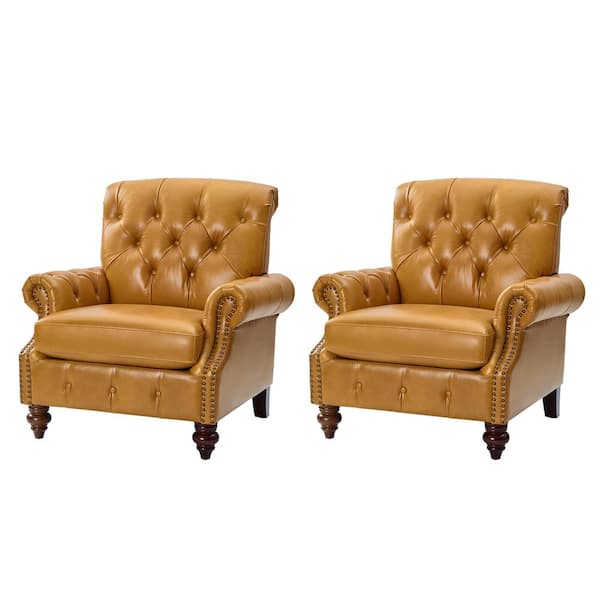 JAYDEN CREATION Ivo Camel 36.5"W Traditional Oil Wax Genuine Leather Arm Chair（Set of 2）