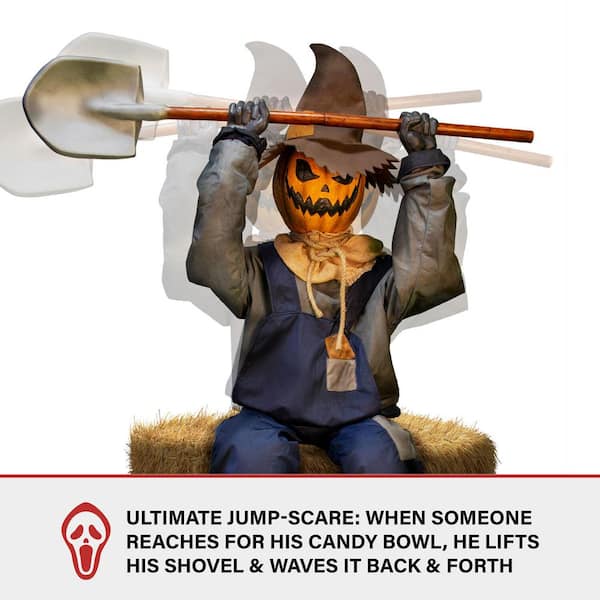 Haunted Hill Farm - 55 in. Premium Talking Halloween Animatronic Smiling Jack The Shovel-Wielding Sitting Scarecrow by Tekky