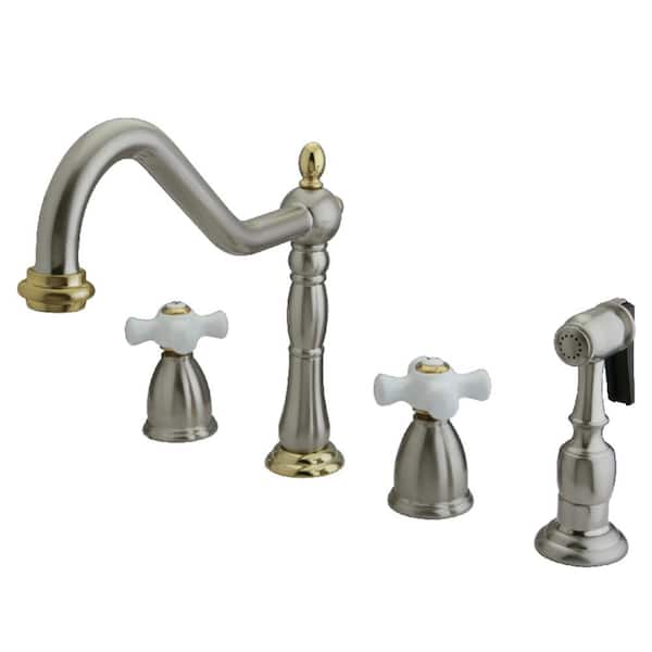 Kingston Brass Heritage 2-Handle Standard Kitchen Faucet with Side Sprayer in Brushed Nickel/Polished Brass